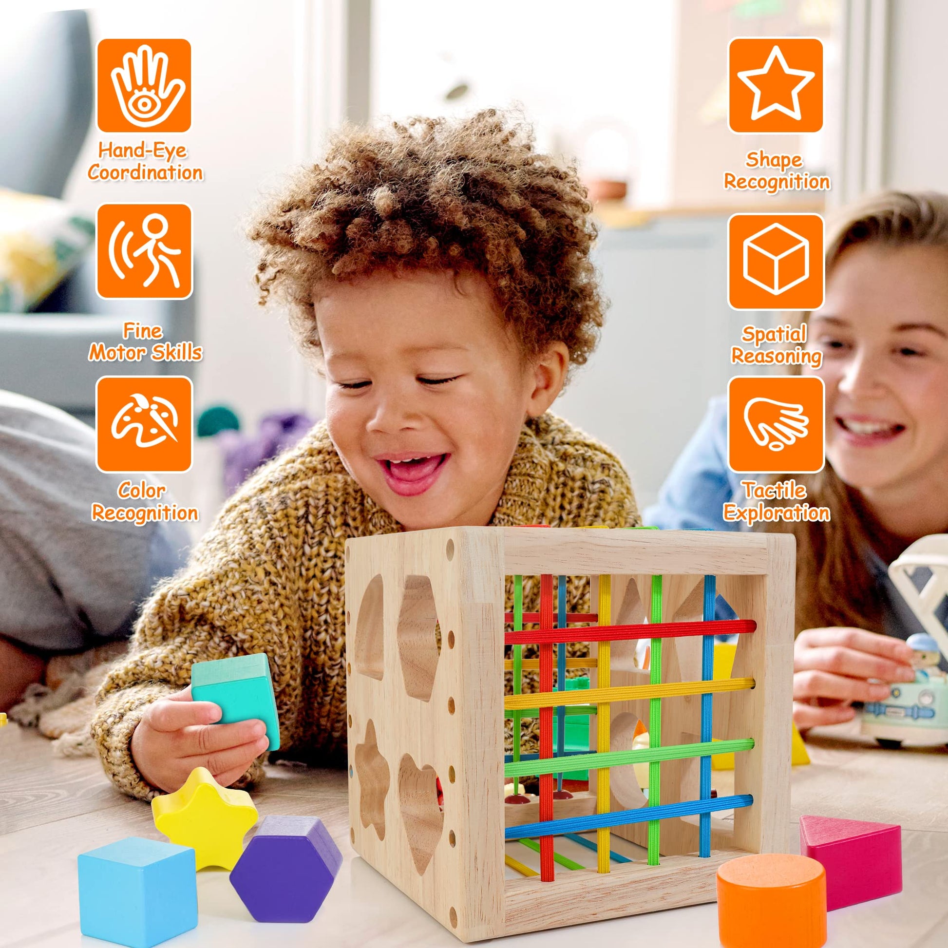 HELLOWOOD Montessori Toys for 1+ Year Old, Wooden Sorter Cube with 8pcs Rattling Shapes