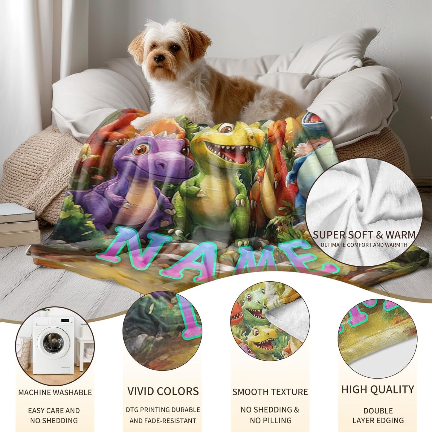 Ship Next Day, Custom Dinosaur Blanket - Printed in USA, Personalized Blankets with Name, Gift for