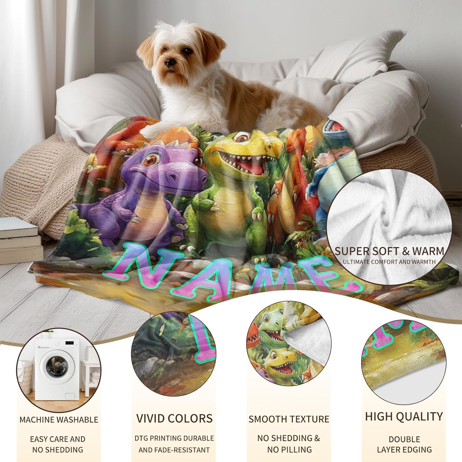 Ship Next Day, Custom Dinosaur Blanket - Printed in USA, Personalized Blankets with Name, Gift for