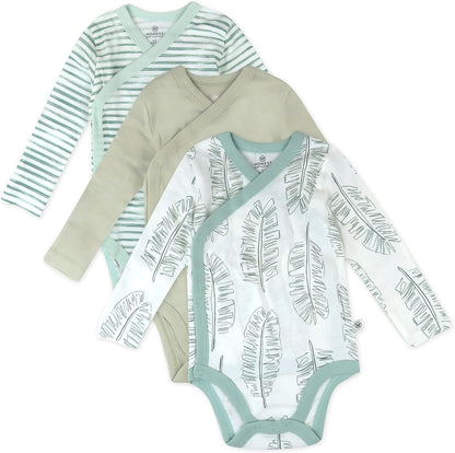 HonestBaby unisex-baby 3-pack Long Sleeve Side-snap Kimono Bodysuits Organic Cotton for Infant Baby Boys, Girls, Unisex