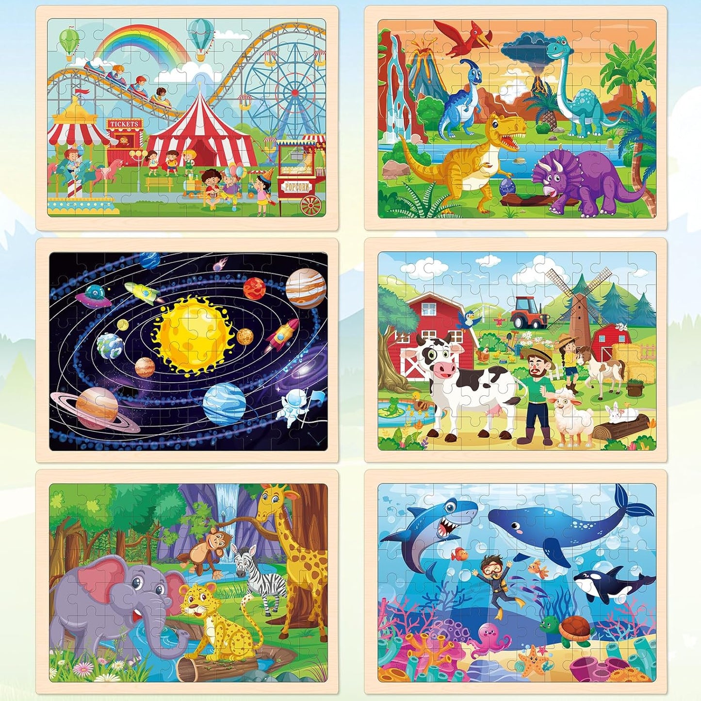6 Packs Wooden Puzzles for Kids Ages 4-6, 60 Piece Wood Dinosaur Animals Jigsaw Puzzles for Toddlers Ages 3-5, Preschool Educational Learning Toys Gifts for 2 3 4 5 6 7 8 Boys Girls