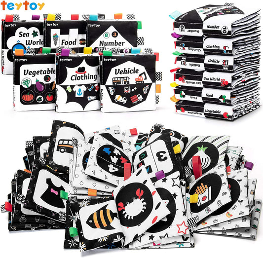 teytoy Baby Soft Cloth Book Set 6 PCS, Black and White High Contrast Baby Activity Crinkle Books for 0 3 6 9 12 Months Newborn Infants Babies Boys and Girls Early Educational Learning Toys