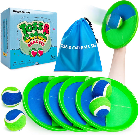 EVERICH Upgraded Toss and Catch Ball Game Set - Indoor and Outdoor Games for Kids 3-12, Beach Sand Pool Water Toy Includes 4 Paddles 4 Sticky Balls, Great Birthday Easter Gifts for Boys Girls