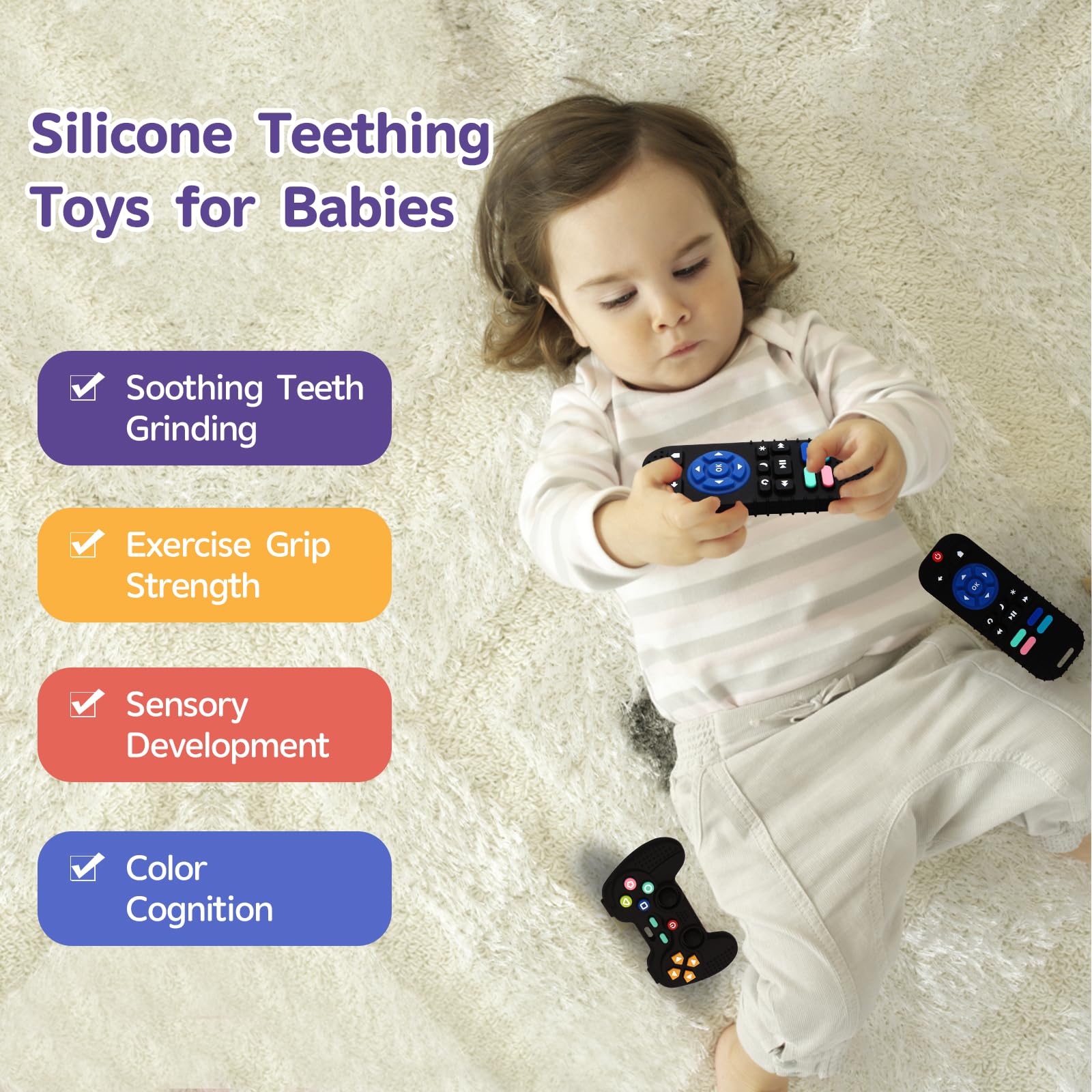 Hooku 2 Pack Silicone Teething Toys for Babies 0-6 Months, Teethers for Babies 6-12 Months, Remote