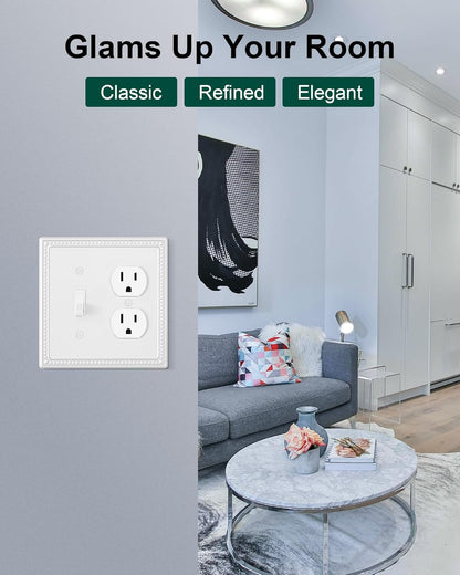 2-Pack Combo Toggle/Duplex Light Switch Cover Plate, Pure White Metal Wall Outlet Cover Plate, Decorative Classic Beaded Wall Socket Receptacle Cover for Electrical Outlets, Light Switch