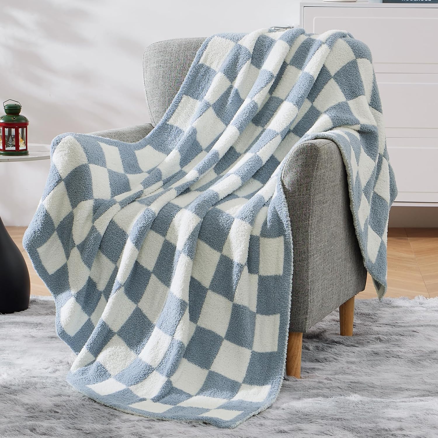 WRENSONGE Checkered Throw Blanket, Grey Blue Soft Cozy Fluffy Warm Hand Made Throw Blankets for