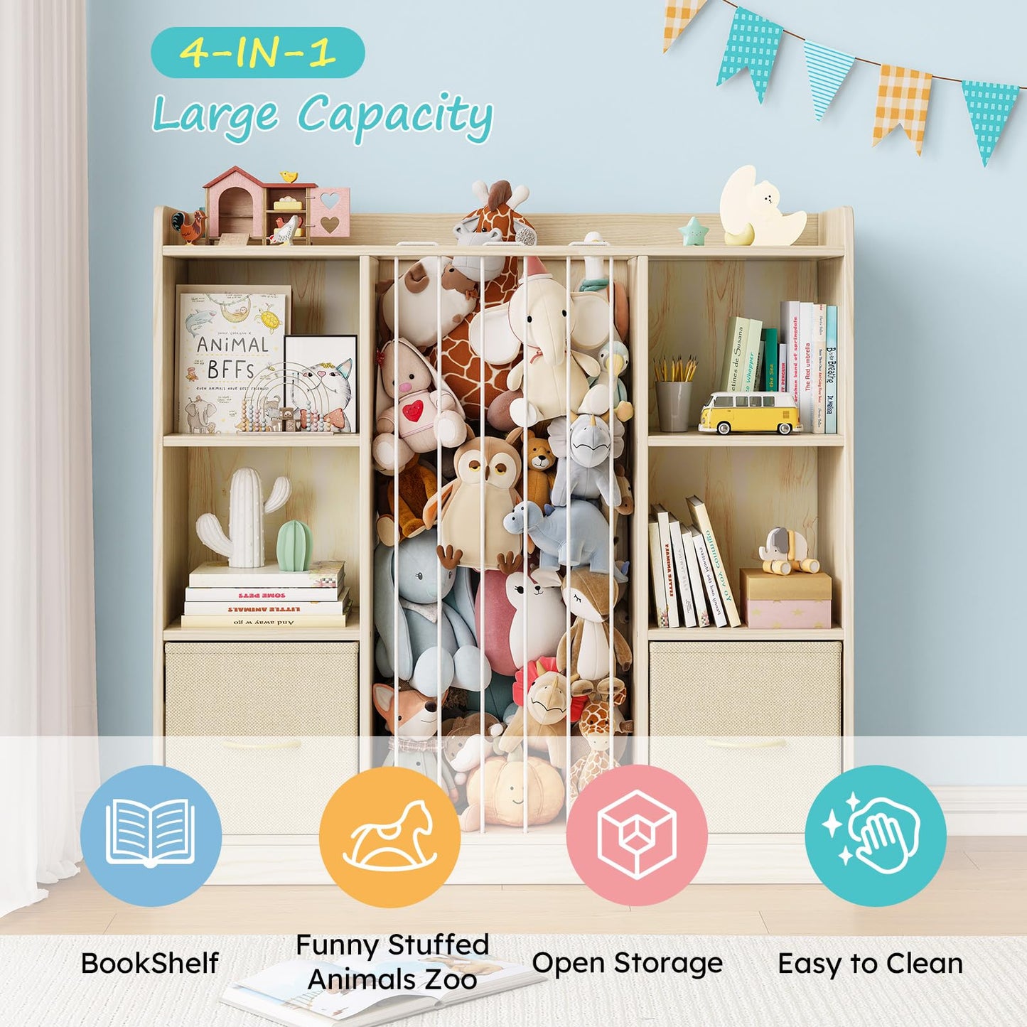 EXPERLAM 4-in-1 Toy Storage Organizer with Stuffed Animal Storage, Solid Pine Kids Bookshelf and