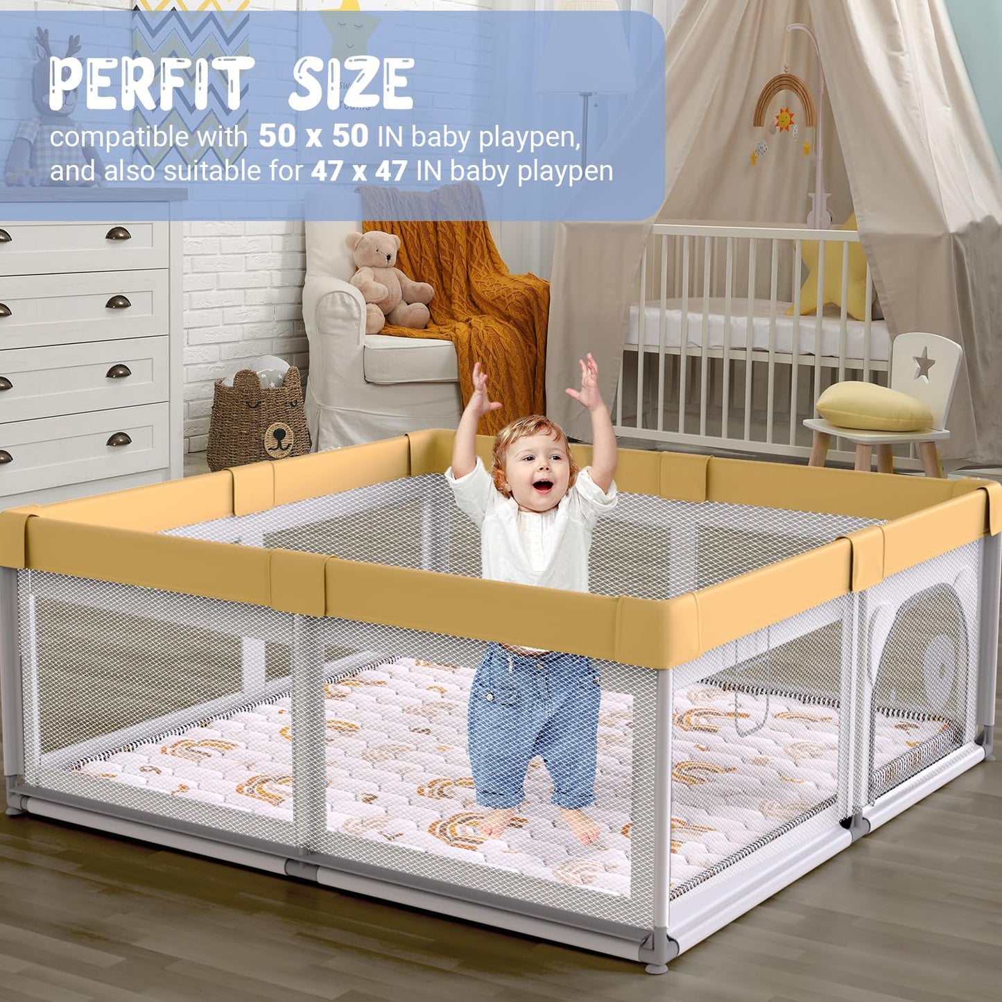 Boho Rainbow Baby Play Mat 50" X 50" Playpen Mat Thicken One-Piece Baby Crawling Mat Non-Slip Cushioned Baby Floor Mat Activity Playmats for Infants, Babies, Toddlers (50X50, Letters+Number)