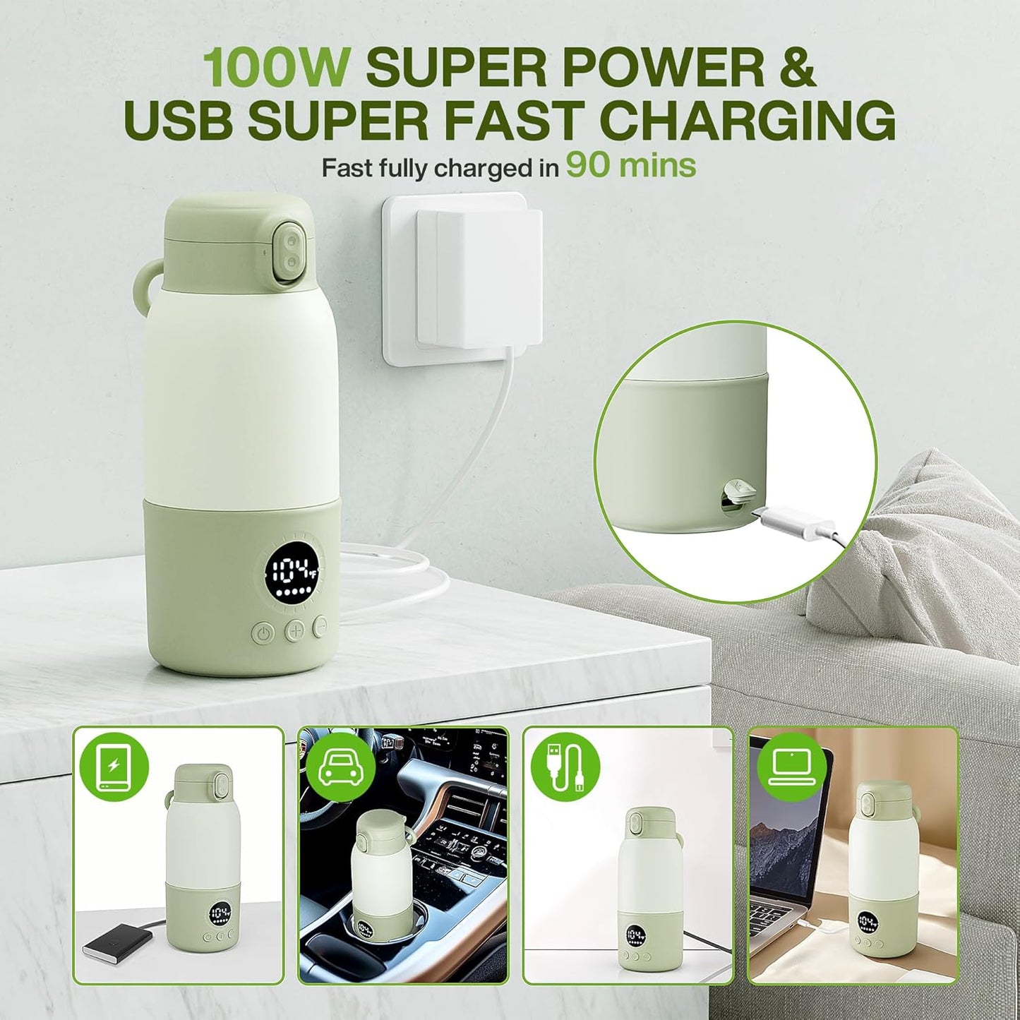 Portable Bottle Warmer for Travel, 2-Min Fast Heating Baby Bottle Warmer,12.8oz Formula Container