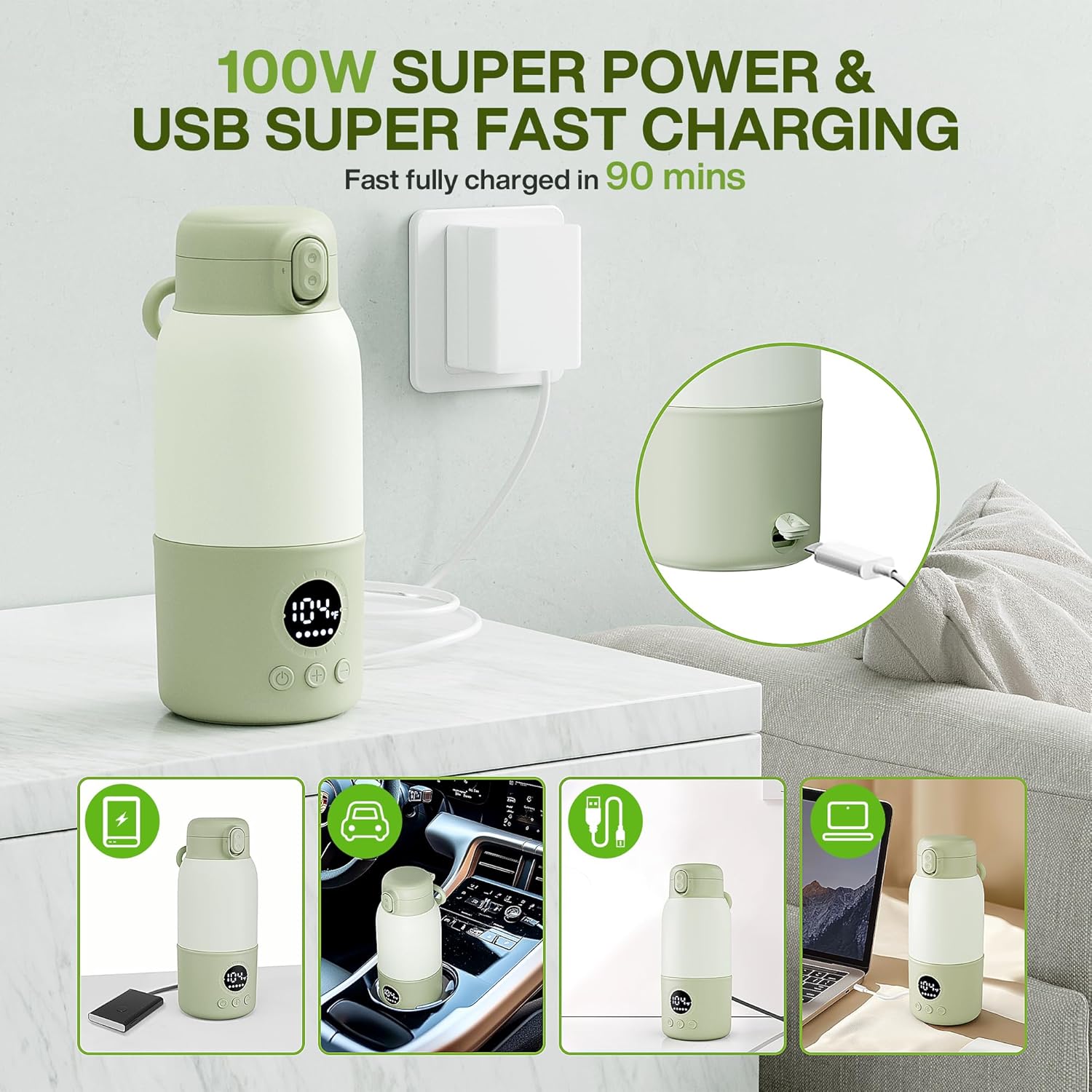 Portable Bottle Warmer for Travel, 2-Min Fast Heating Baby Bottle Warmer,12.8oz Formula Container