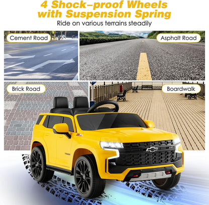 Costzon Ride on Car, 12V Licensed Chevrolet Tahoe Battery Powered Electric Vehicle w/ 2.4G Remote Control, High/Low Speed, Music, Lights, MP3/USB/FM, Spring Suspension, Electric SUV for Kids (Yellow)