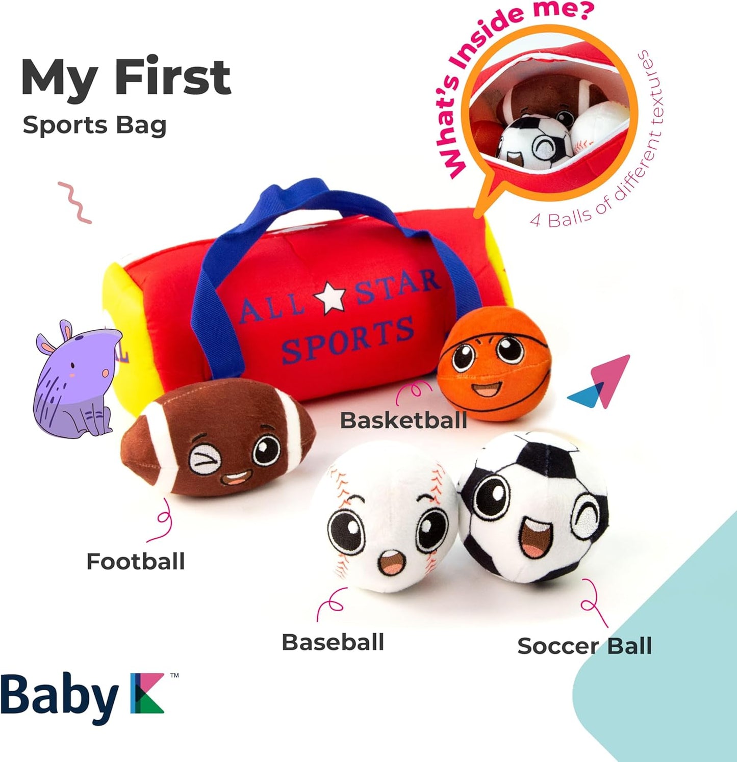 My First Sports Bag with 4 Plush Sports Balls - Rattle Balls for Baby with Soft Football, Basketball, Baseball, Tennis Ball & Soccer Ball for 1 Year Old Toys - Baby Toys for Toddler