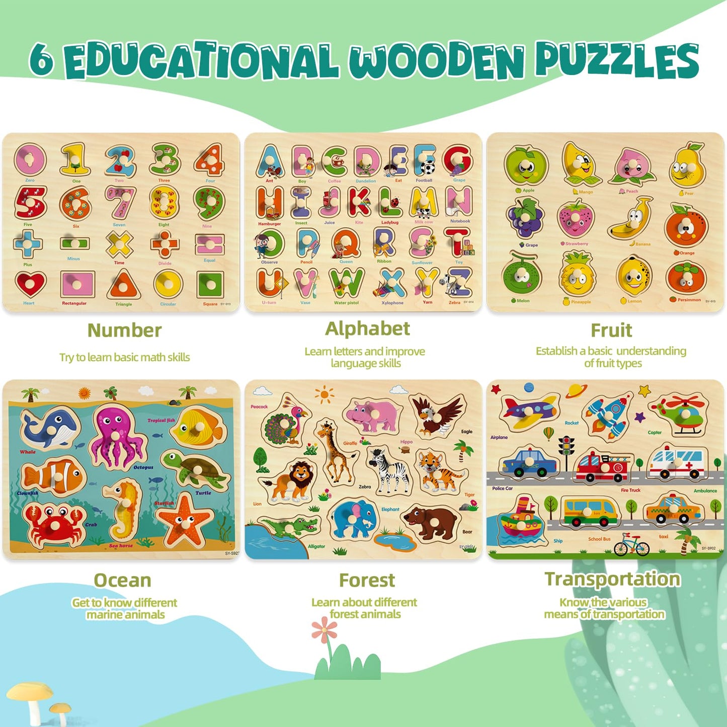 edutree Wooden Peg Puzzles for Toddlers 2-4, 6 Pack Educational Peg Puzzles Montessori Toys