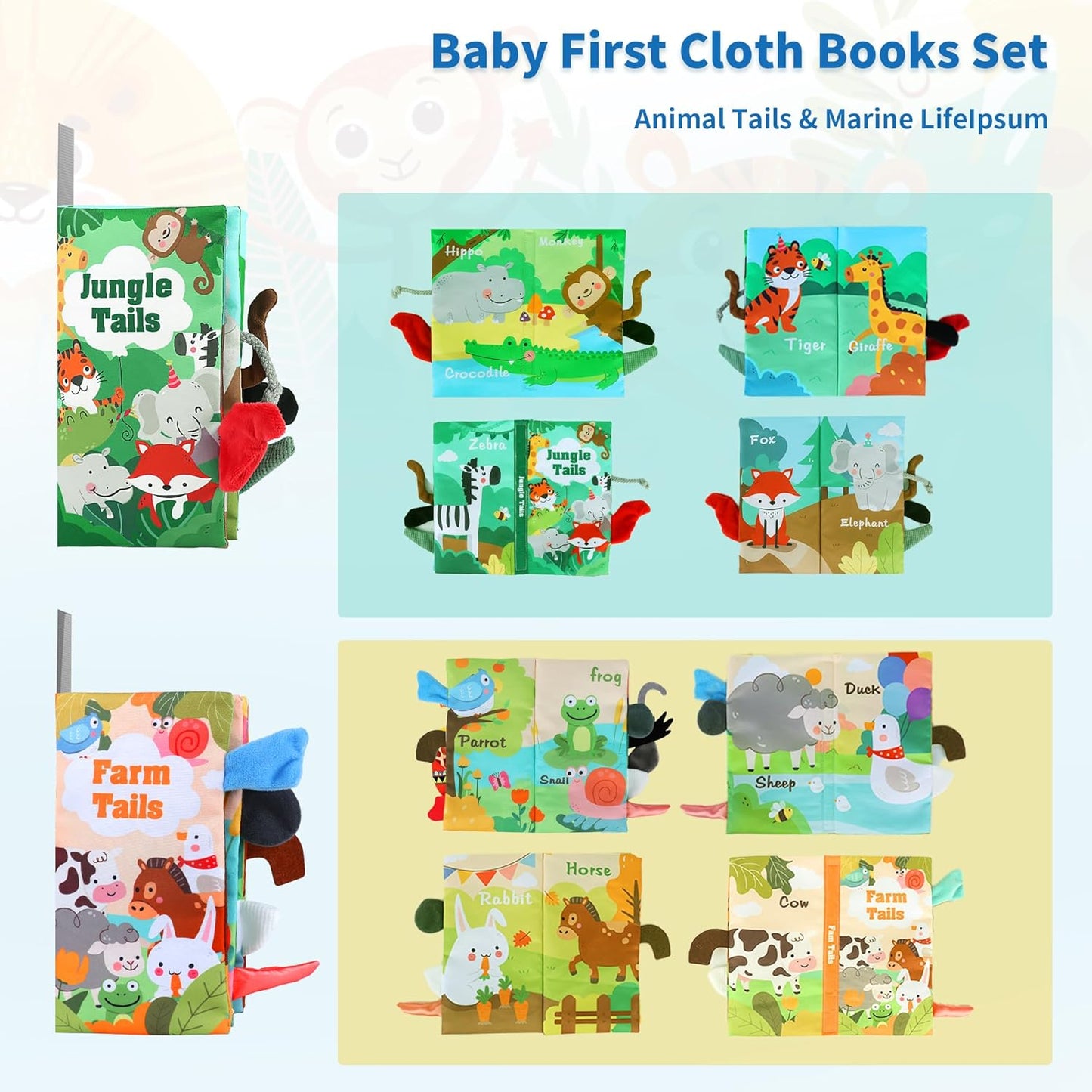BARMACO Baby Soft Touch and Feel Crinkle Cloth Books for Infants & Toddlers, Learning Toys, Early Development Interactive Sensory Toys, Ocean Animal Tails, Gifts for Boys & Girls