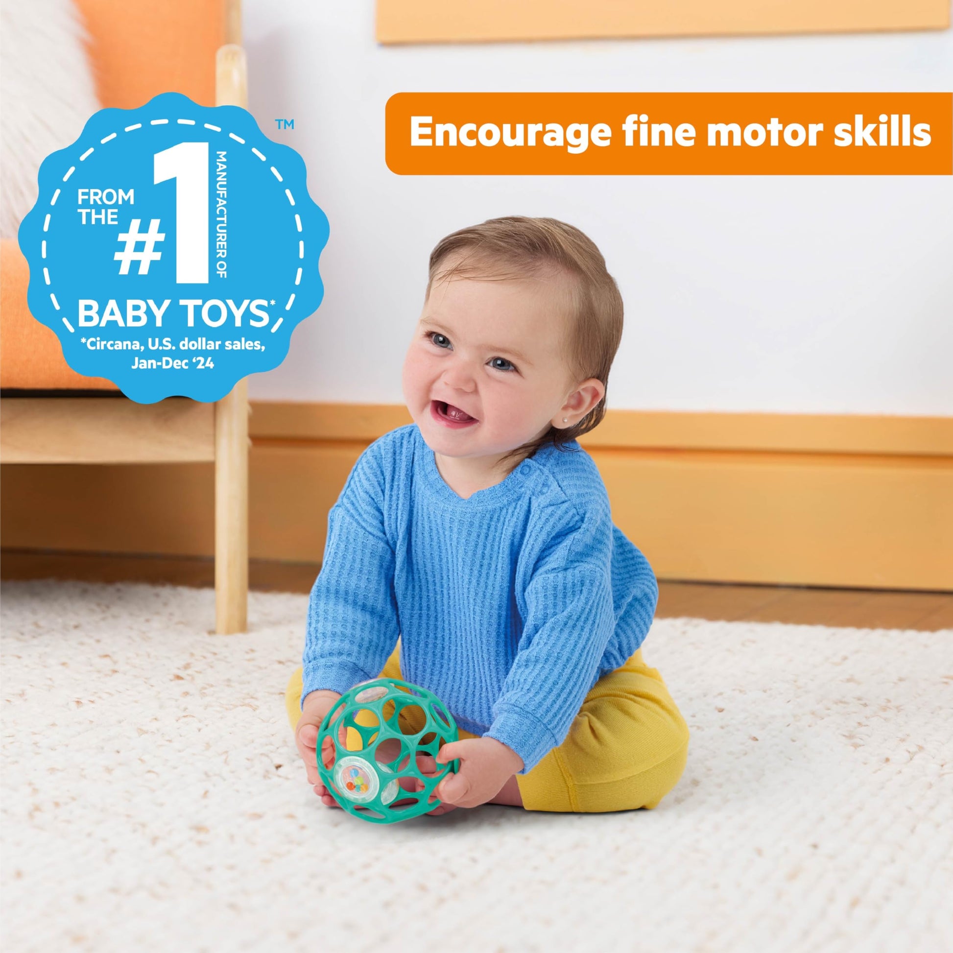 Bright Starts Oball Easy-Grasp Rattle BPA-Free Infant Toy in Teal, Age Newborn and up, 4 Inches