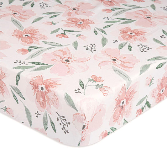 Crane Baby Floral Crib Sheets, 100% Cotton, Breathable Baby Bedding for Standard Mattress, Pink