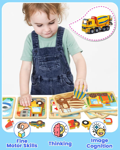 Benresive Wooden Toddler Puzzles, Montessori Toys for 1 2 3 Year Old Boys, Toys for 1 2 3 Year Old Boy Birthday Gifts, 8 Pack Vehicle Toddler Learning Educational Puzzles