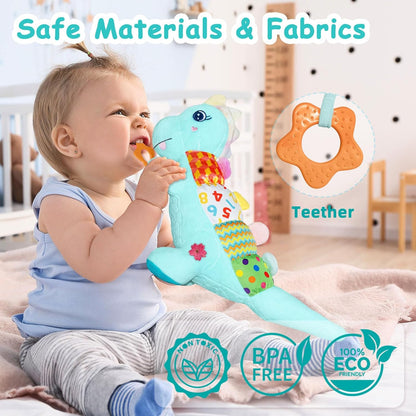 Baby Dino Plush Soft Stuffed Animal Toy for 0-3-6-12+ Months,Infant Musical Toy with Rattle,Squeaker,Sensory Crinkle,Teether & Textures,Tummy Time Toys Christmas Baby Gift for Newborn Girl Boy (Blue)
