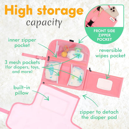 Kopi Baby Portable Diaper Changing Pad - Baby Diaper Changer Travel Bag with Wipes Pocket, Smart Design Portable Changing Mat, Infant Travel Station Kit, Gift for Newborn Girl & Boy - Pink, Premium