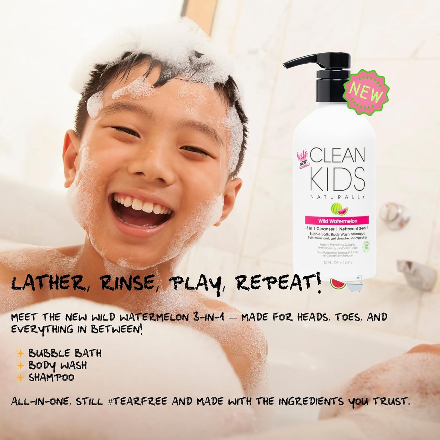Gabriel Cosmetics Clean Kids Naturally Wild Watermelon 3-in-1 Shampoo, Cleanser & Bubble Bath (16
