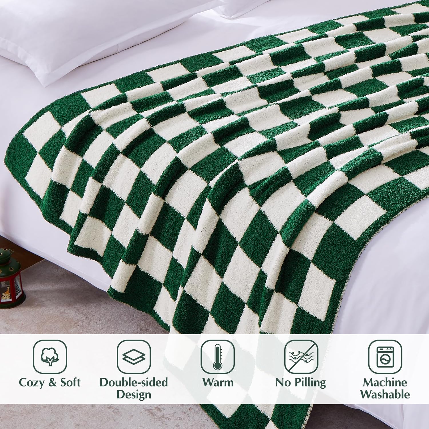 WRENSONGE Checkered Throw Blanket, Avocado Green Soft Cozy Fluffy Warm Hand Made Throw Blankets for