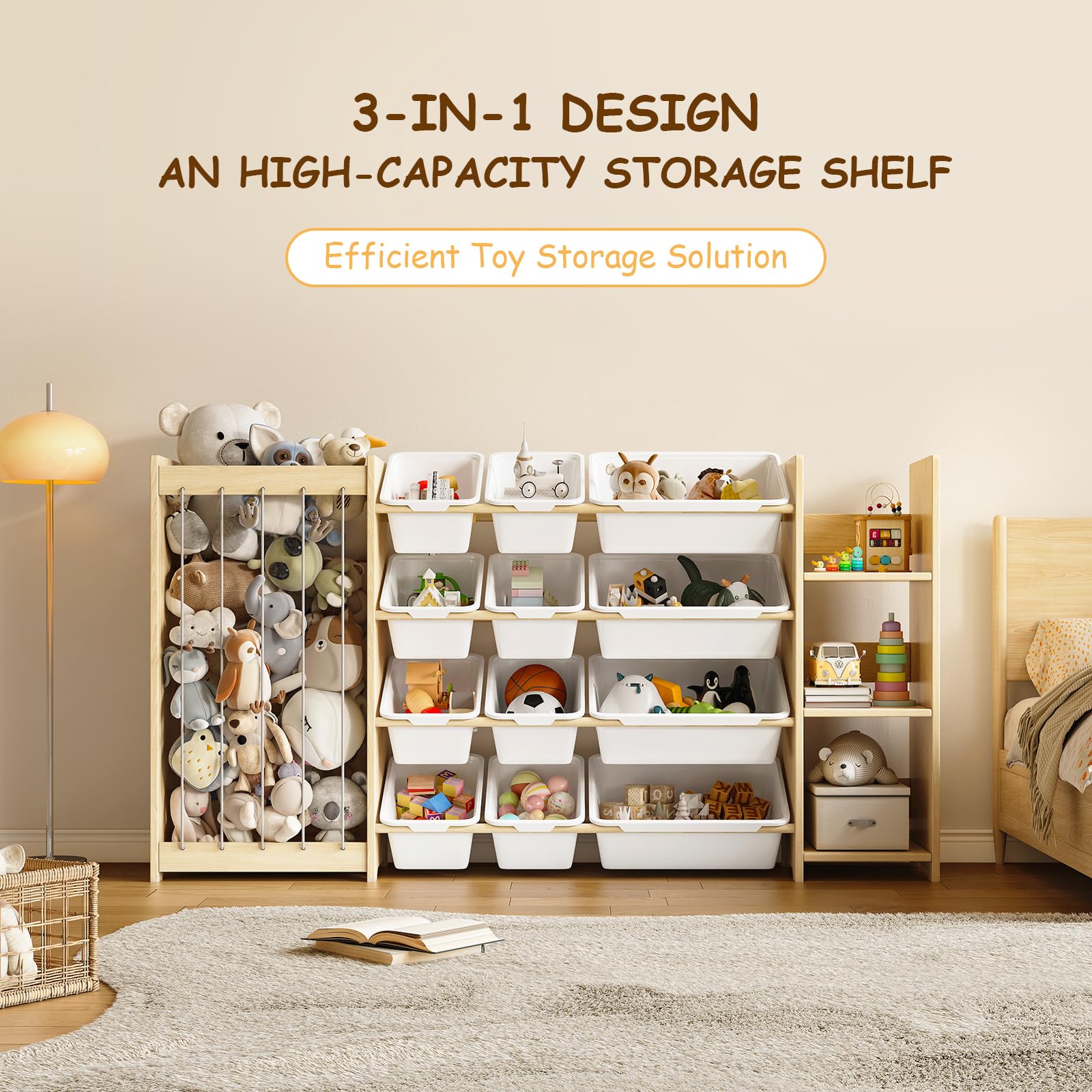 EXPERLAM 3-in-1 Toy Storage Organizer, Stuffed Animal Holder & 3-Tier Bookcase, Solid Wood Toy