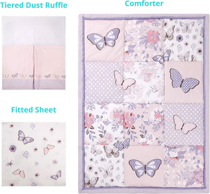La Premura Baby Mini Crib Bedding Set for Girls, Pastel Purple Butterfly, 3 Piece Crib Set for Nursery Portable Crib, Purple and Pink