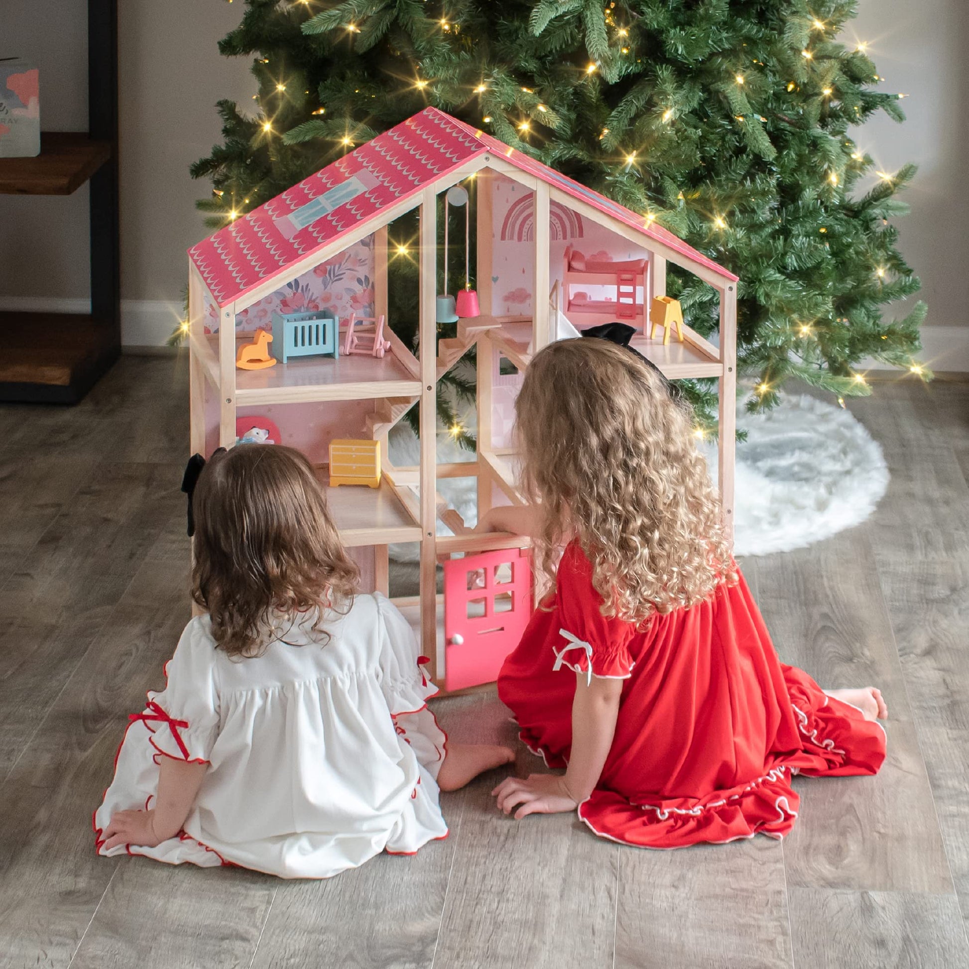 Tiny Land Wooden Dollhouse for Girls - 6 Rooms Wooden Doll House