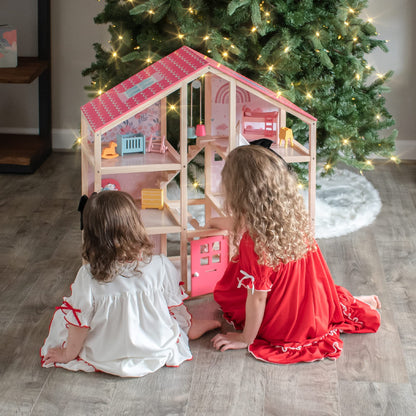 Tiny Land Wooden Dollhouse for Girls - 6 Rooms Wooden Doll House