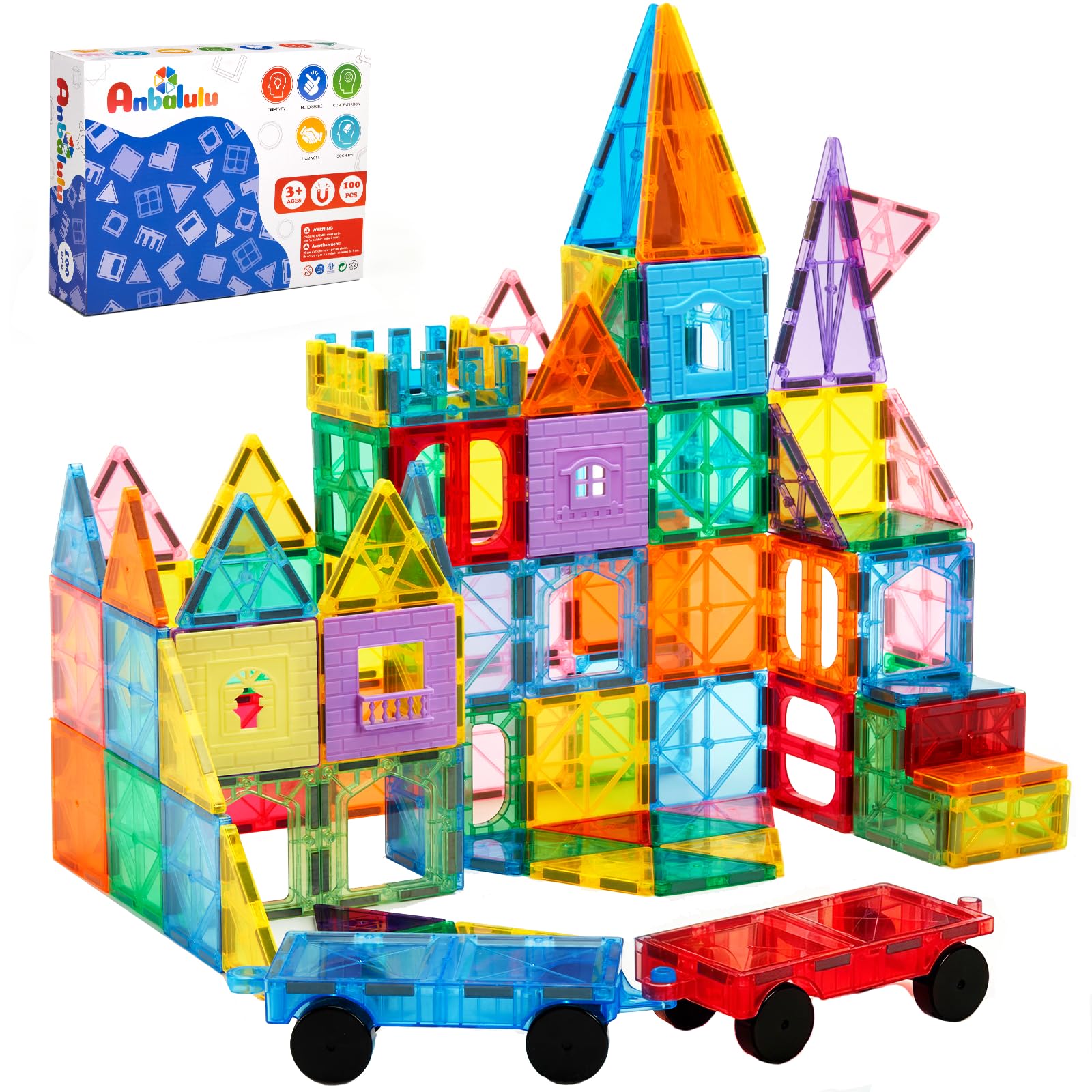 Anbalulu Magnetic Tiles 100PCS with 2 Cars, Set for Kids Ages 3-9