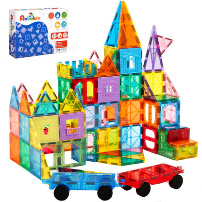 Anbalulu Magnetic Tiles 100PCS with 2 Cars, Set for Kids Ages 3-9