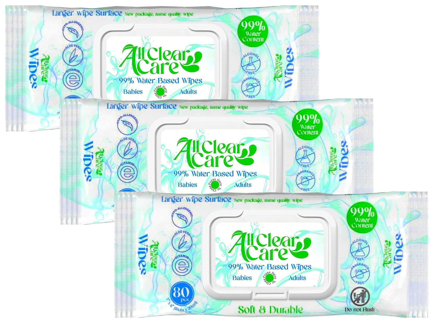 Baby Wipes, Unscented Wipes for Sensitive Skin, Large Soft Durable & 99% Water Based, Gentle & Hypoallergenic for Babies & Adults, Vitamin E and Aloe, Flip Top Lid, 3 Pack (240 Wipes)