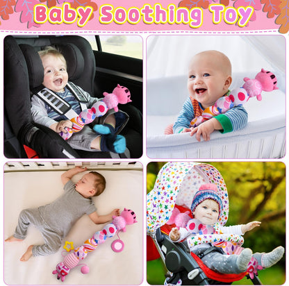 Baby Toys 0 to 12 Months, Stuffed Animal Infant Tummy Time Toys Sensory Toys with Crinkle Rattles Textures and Mirror Gifts for Newborn Boys Girls, Cat Caterpillar Musical Toys (Pink)