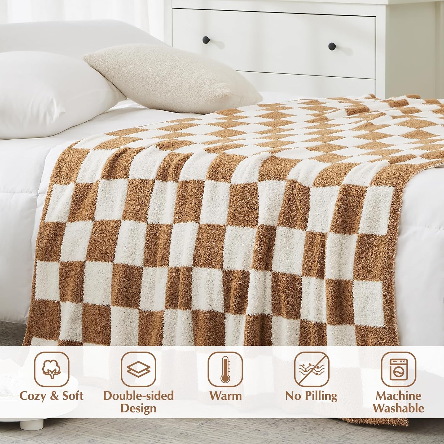 WRENSONGE Checkered Throw Blanket, Burnt Orange Soft Cozy Fluffy Warm Hand Made Throw Blankets for