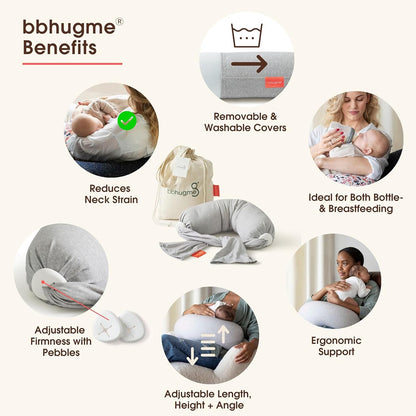 bbhugme Adjustable Nursing Pillow - Breastfeeding, Bottle Feeding, Baby Support - Adjustable Firmness and Fit - Washable Pillow Cover - Grey Melange…