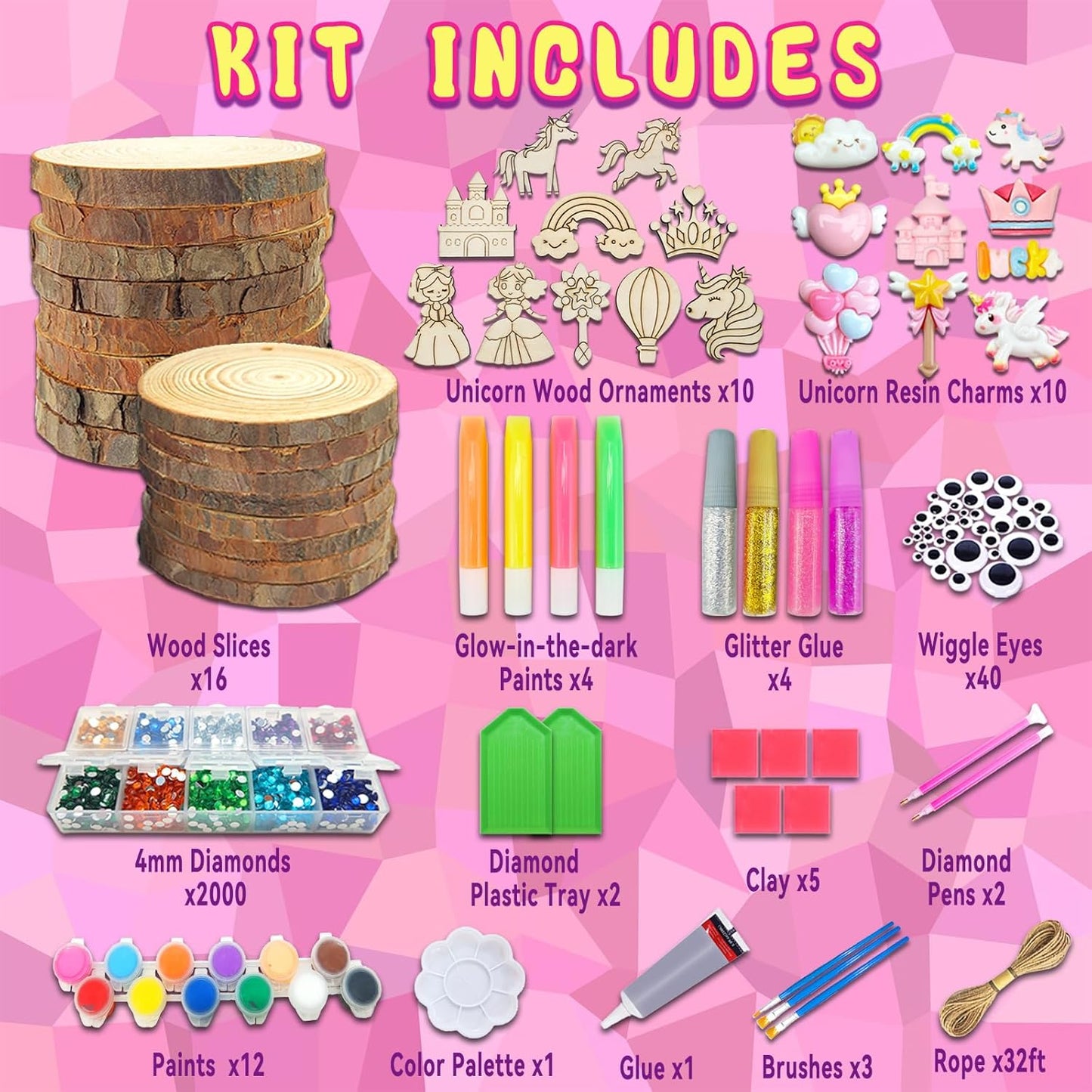 klmars Unicorn Themed Wooden Painting Kit-Glow in The Dark-Arts & Crafts Gifts for Kids Girls Ages 5-12-Wood Slice Craft Activities Kits -Unicorn Art Toys for Kids Christmas Gifts