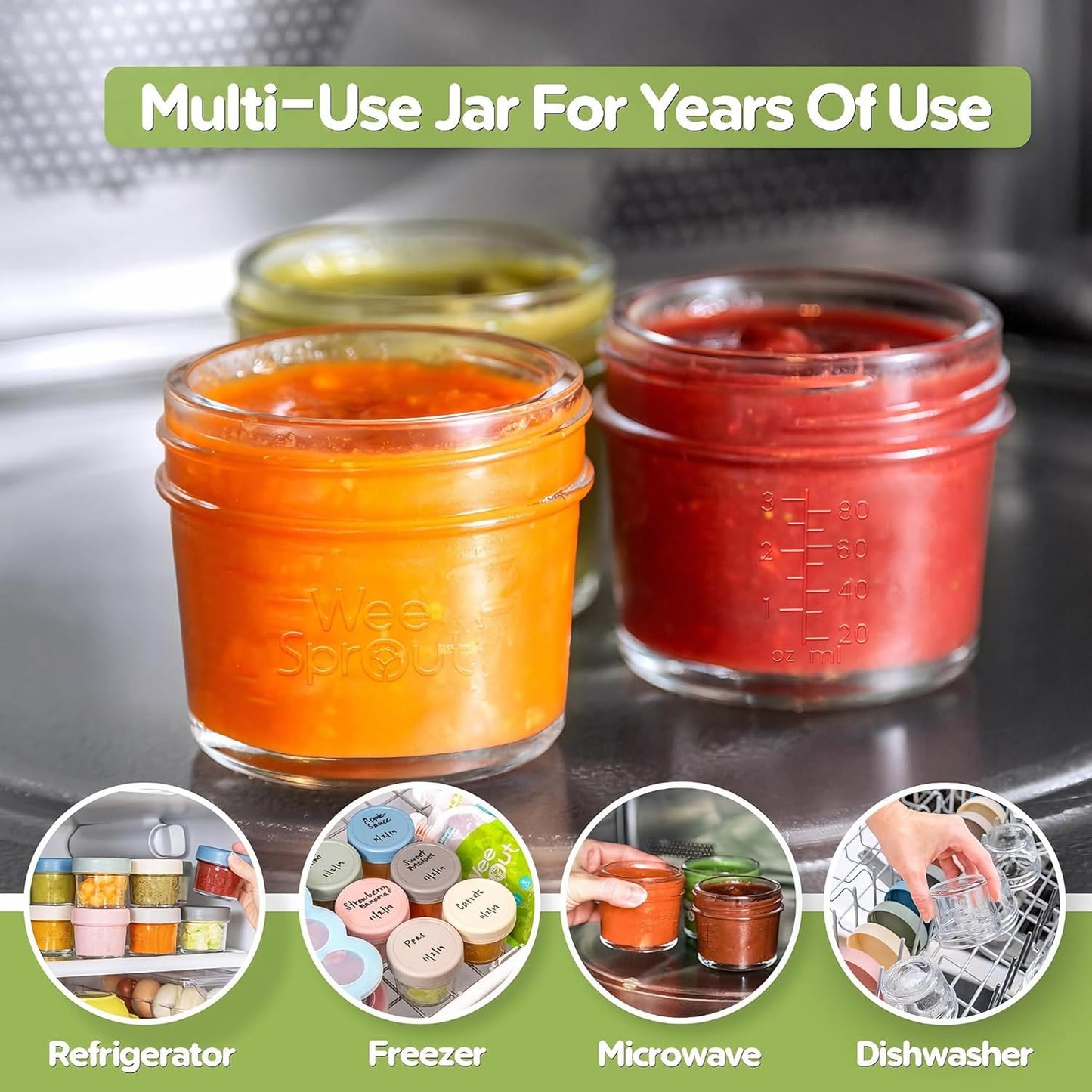 WeeSprout Baby Food Storage Glass Jars w/Lids (4 oz, 24 Pack) Bright Variety, Snack, Reusable Small