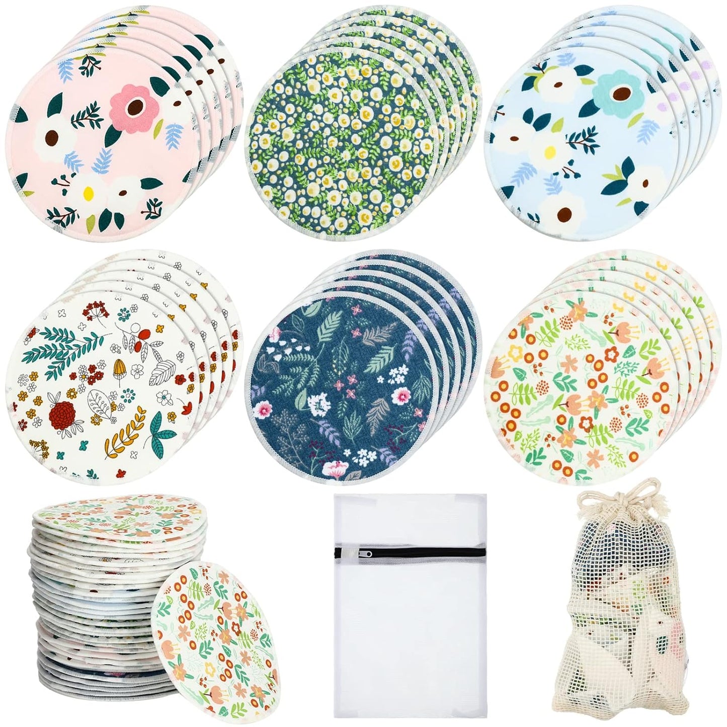 Sosation 30 Pcs Reusable Breast Pads Bamboo Nursing Pads with Wet and Laundry Bag Floral Nipple