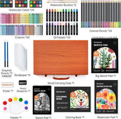 Shuttle Art 149 Piece Deluxe Art Set, Art Supplies in Wooden Case, Painting Drawing Art Kit with Crayons Colored Pencils Oil Pastels Watercolor Cakes Coloring Book Sketch Pad for Kids Adults
