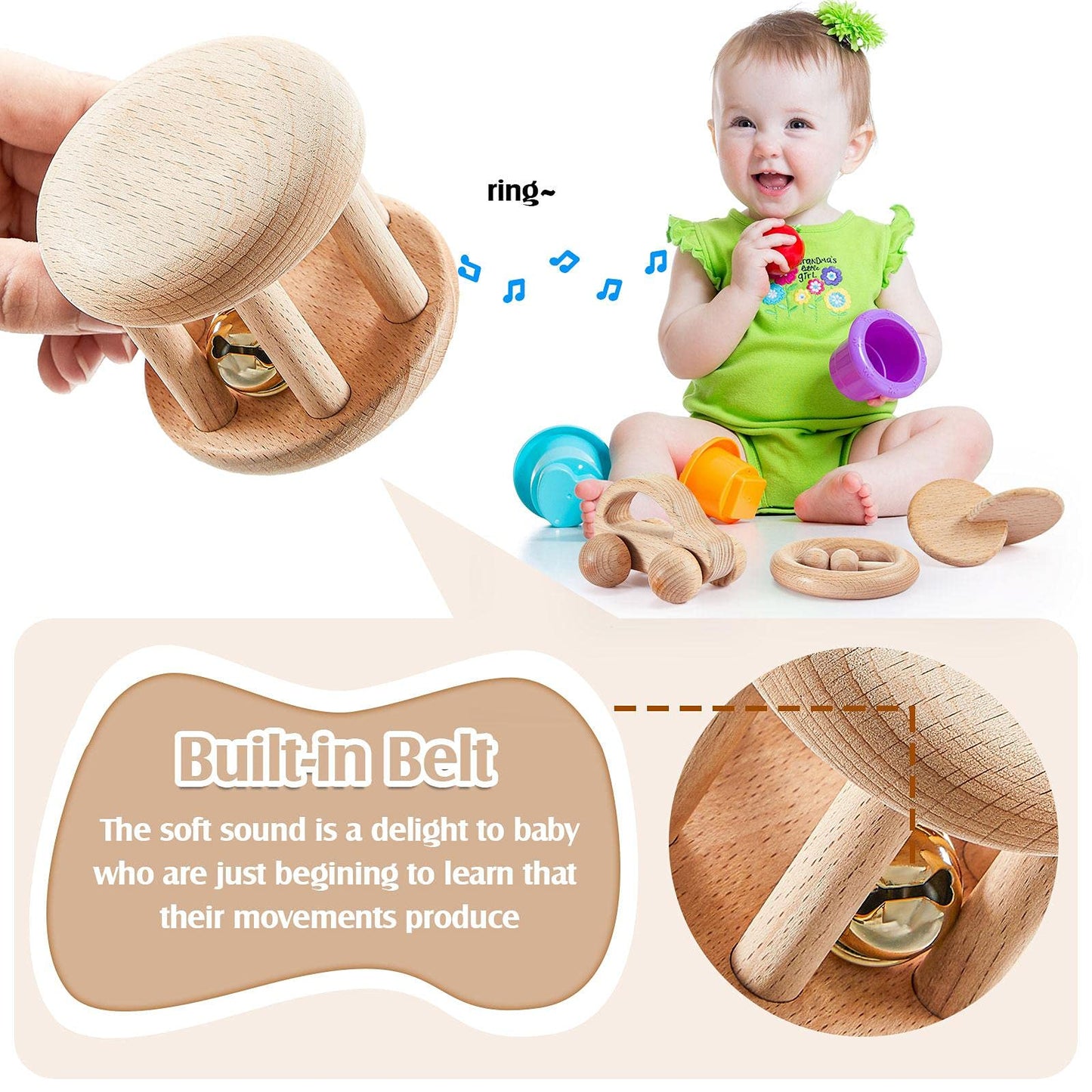 Zhanmai 5 Pcs Wooden Baby Toys Montessori Toys for 0-6-12 Months Sensory Baby Rattles with Bells