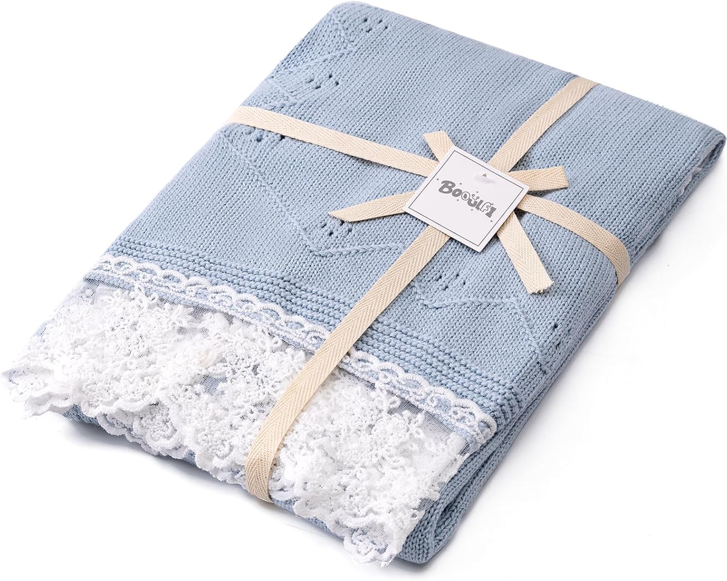 Booulfi Baby Blankets Neutral Knitted Blue Cotton Blue Baby Blanket Stroller Lace Border Crochet