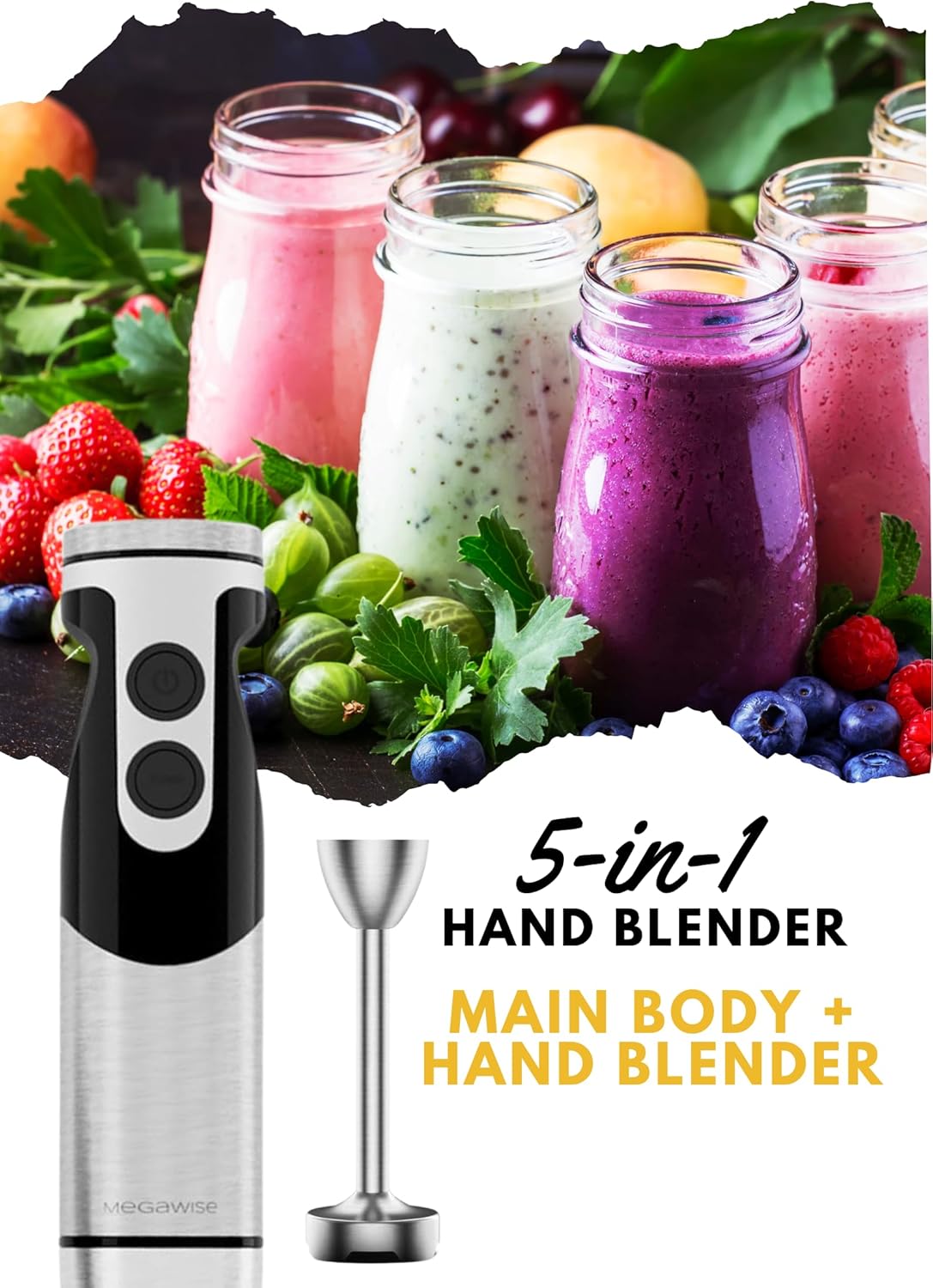 MegaWise Pro Titanium Reinforced 5-in-1 Immersion Hand Blender, Powerful 400W with 80% Sharper