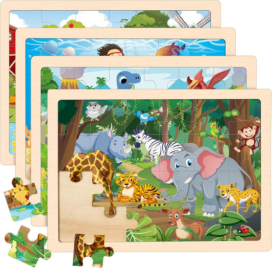 Wooden Animals Puzzles for Kids Age 3 4 5 Year Old, 4 Pack 24 Pcs Montessori Toddler Jigsaw Puzzles for Girl boy Activities Preschool Learning Educational Birthday Gift Travel Autistic Wooden Toys