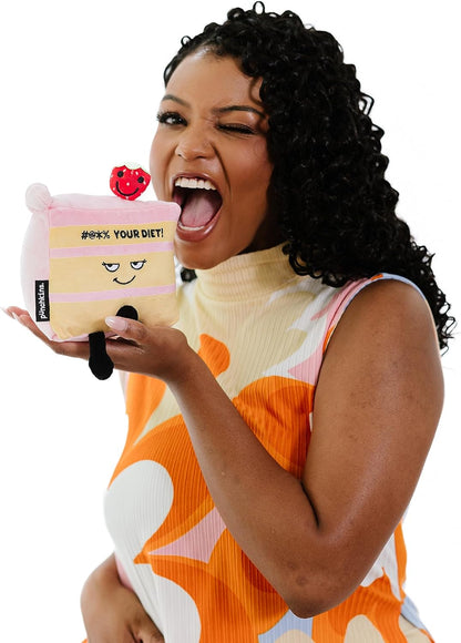 Cake Slice Foodie Plushie, Funny Meme Gift, Comical Plush Collectible, Weighted Base for Display