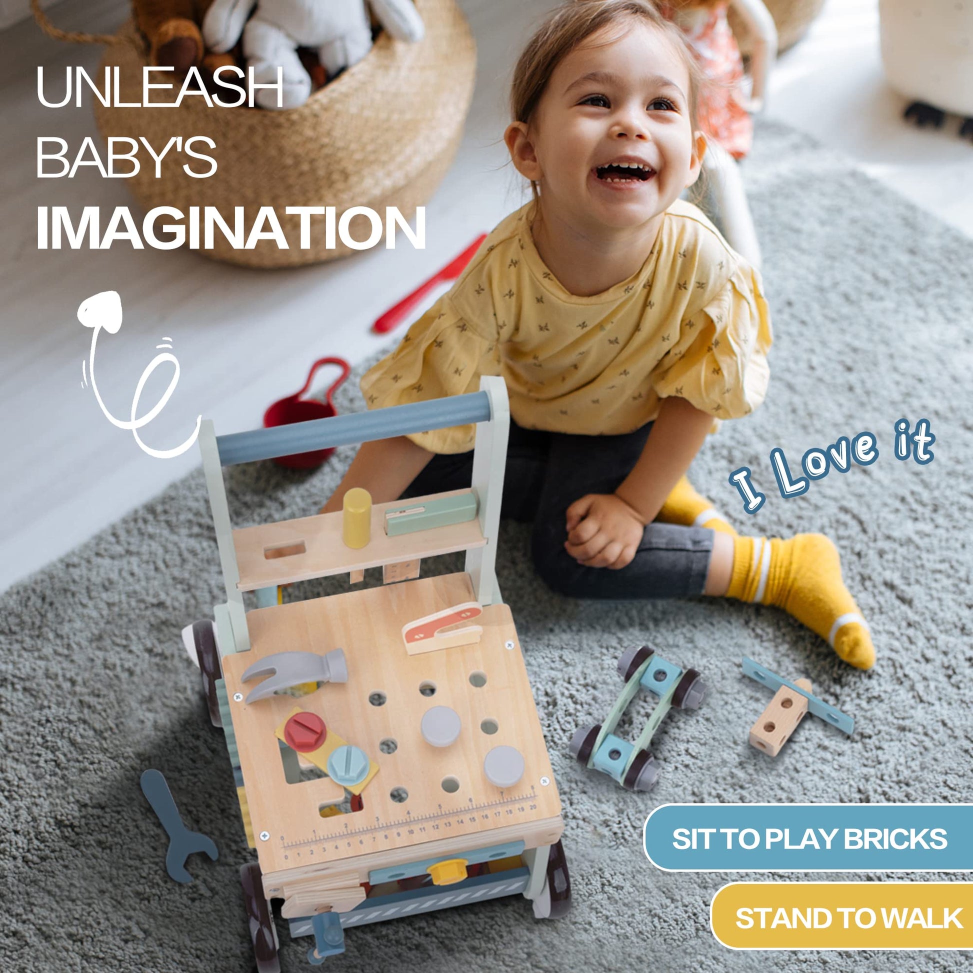 2-in-1 Wooden Baby Walker and Tool Bench with Building Play, Blue