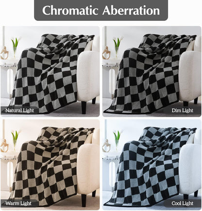 WRENSONGE Checkered Throw Blanket, Black Grey Checkered Soft Cozy Fluffy Warm Hand Made Throw