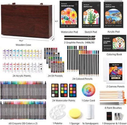 Shuttle Art Deluxe Gift Art Kit, 202-Piece Wooden Art Supplies Set with 4 Drawing Pads, Canvases, Coloring Sheets, Acrylic Paint, Crayons, Oil Pastels, Colored Pencils for Kids