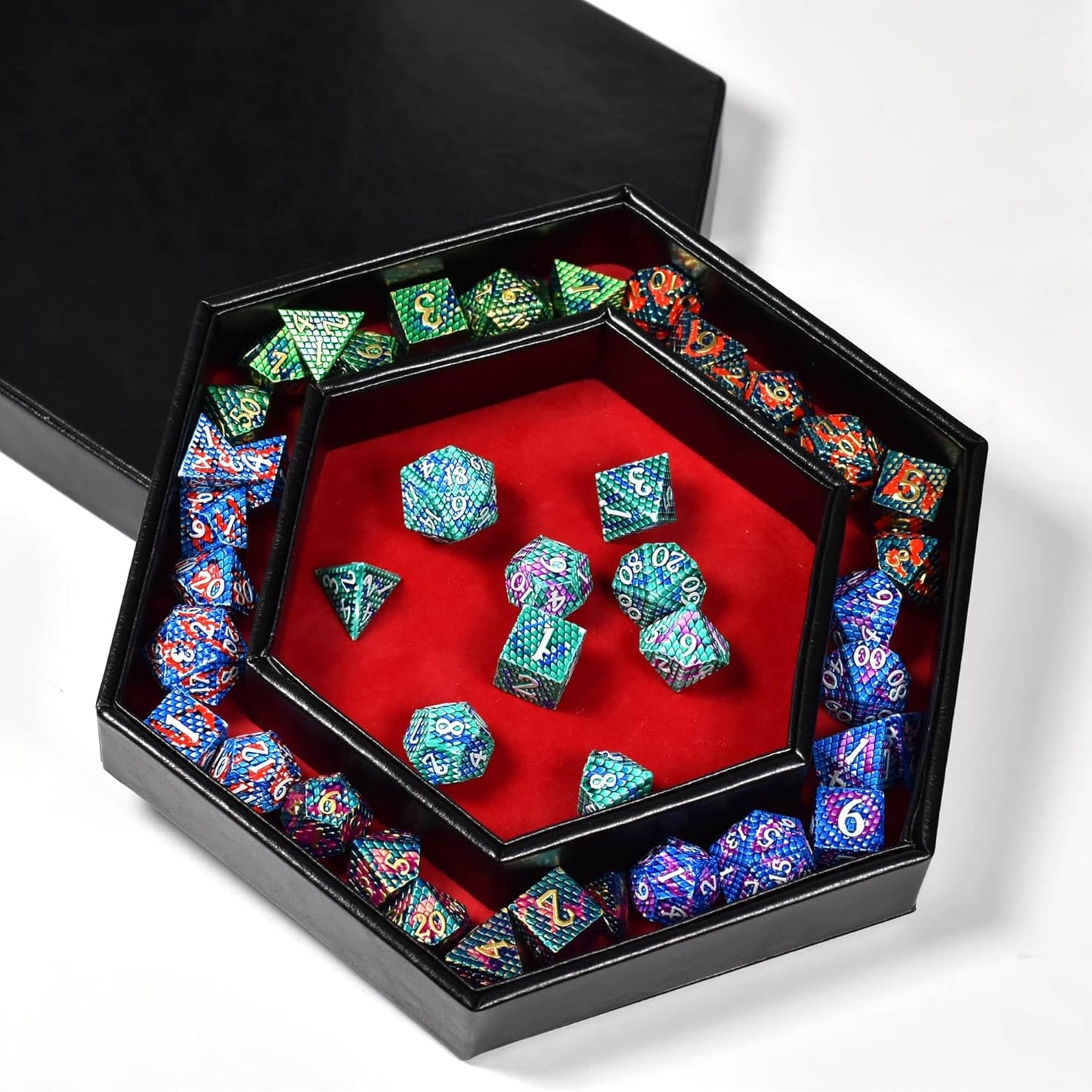 DND Dice Tray - 2 in 1 Hexagonal Rolling and Storage Tray, Faux Leather Material, Red Color, Compatible with D&D, MTG, Dice Arena
