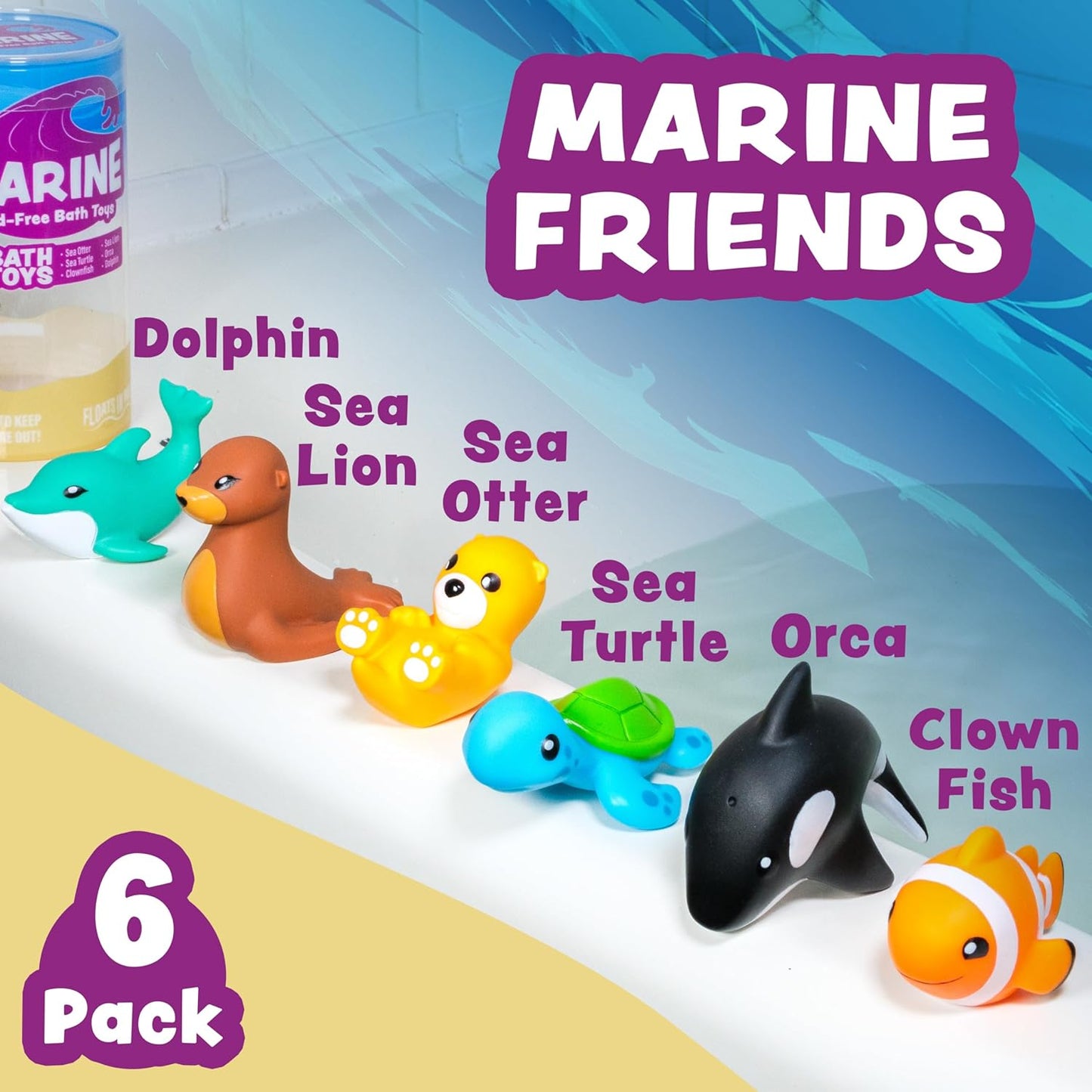 Tub Works® Marine™ Mold Free Bath Toys, 6 Pack | Sealed, No Hole Bath Toys Design Keeps Moisture