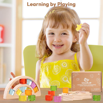 Wooden Building Blocks Set for Kids, Rainbow & Tree Shaped Wood Frame - 24 PCS Rainbow Gem Cubes Stacking Blocks, Montessori Stacking Toy for Toddlers, Early Learning Gifts for Boys Girls 3-6